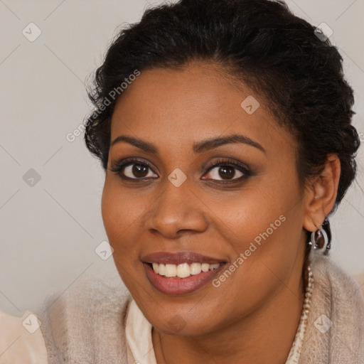 Joyful latino young-adult female with short  brown hair and brown eyes