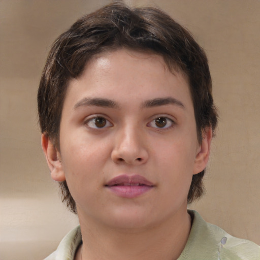 Neutral white young-adult female with medium  brown hair and brown eyes