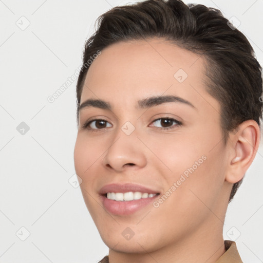 Joyful white young-adult female with short  brown hair and brown eyes