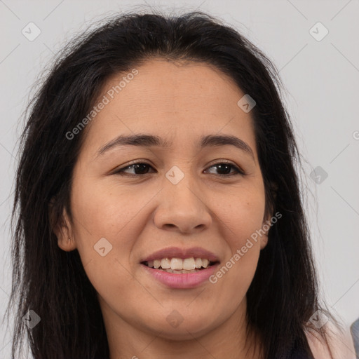 Joyful asian young-adult female with long  brown hair and brown eyes