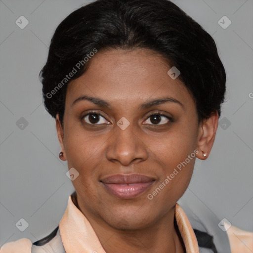 Joyful latino young-adult female with short  brown hair and brown eyes