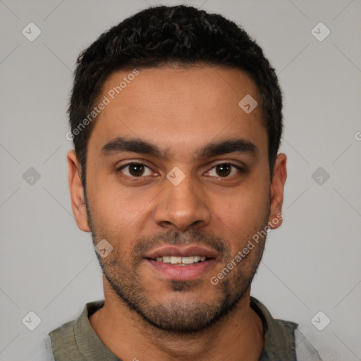 Neutral latino young-adult male with short  brown hair and brown eyes