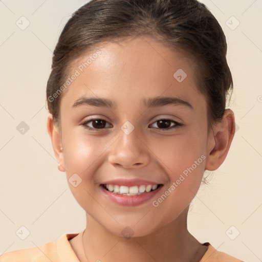 Joyful white child female with short  brown hair and brown eyes