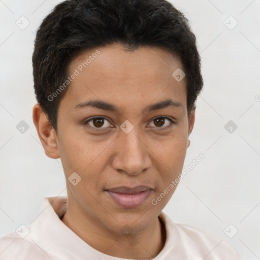 Joyful latino young-adult female with short  brown hair and brown eyes