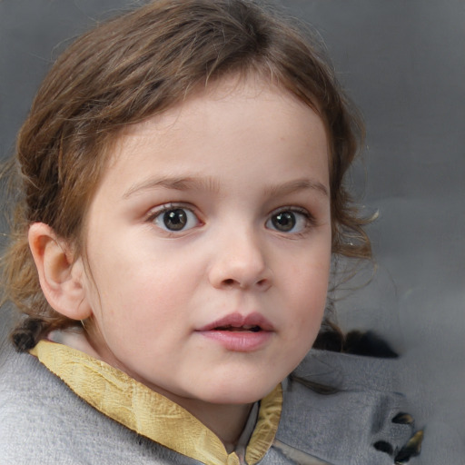 Neutral white child female with medium  brown hair and blue eyes