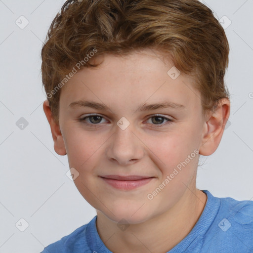 Joyful white child male with short  brown hair and brown eyes