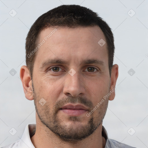 Neutral white adult male with short  brown hair and brown eyes