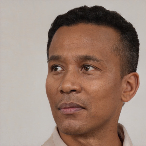 Neutral black adult male with short  black hair and brown eyes