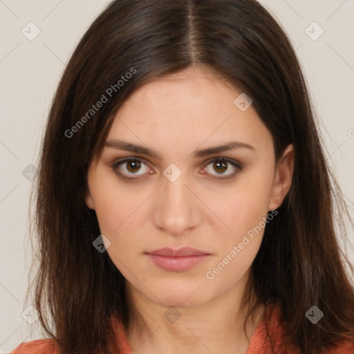 Neutral white young-adult female with long  brown hair and brown eyes