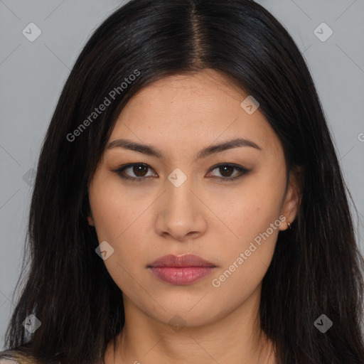 Joyful asian young-adult female with long  brown hair and brown eyes