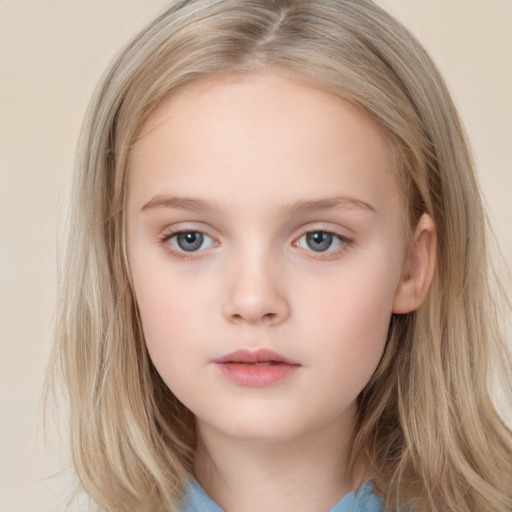 Neutral white child female with medium  brown hair and blue eyes