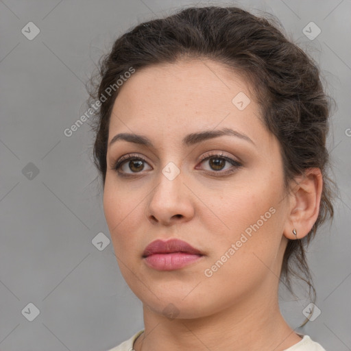 Neutral white young-adult female with medium  brown hair and brown eyes