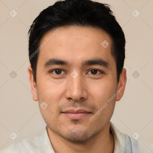 Neutral asian young-adult male with short  black hair and brown eyes