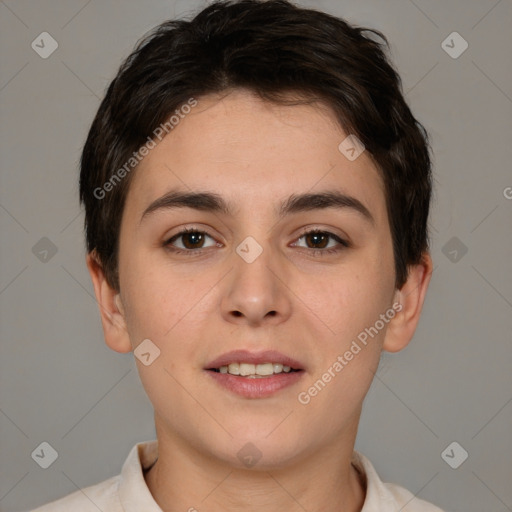 Joyful white young-adult female with short  brown hair and brown eyes