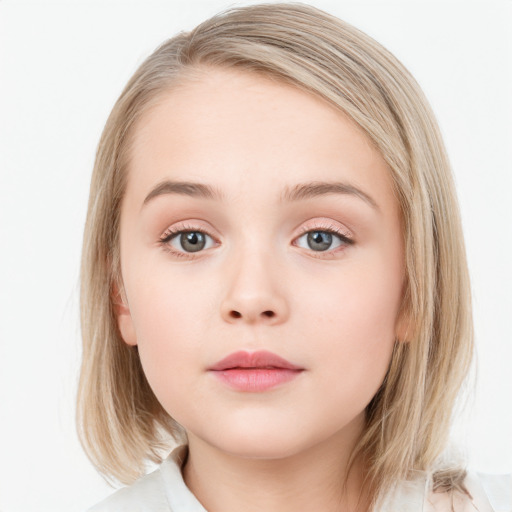 Neutral white child female with medium  brown hair and blue eyes