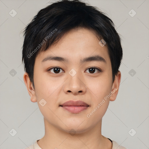 Joyful asian young-adult female with short  black hair and brown eyes