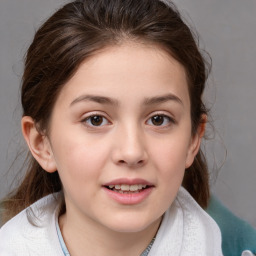 Joyful white child female with medium  brown hair and brown eyes