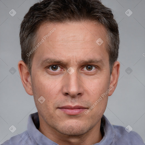 Neutral white adult male with short  brown hair and brown eyes