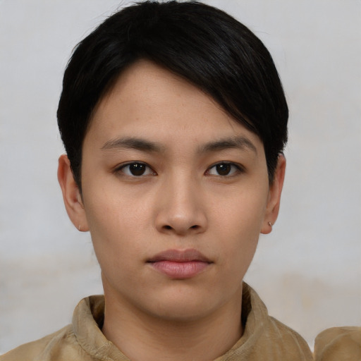 Neutral asian young-adult male with short  brown hair and brown eyes