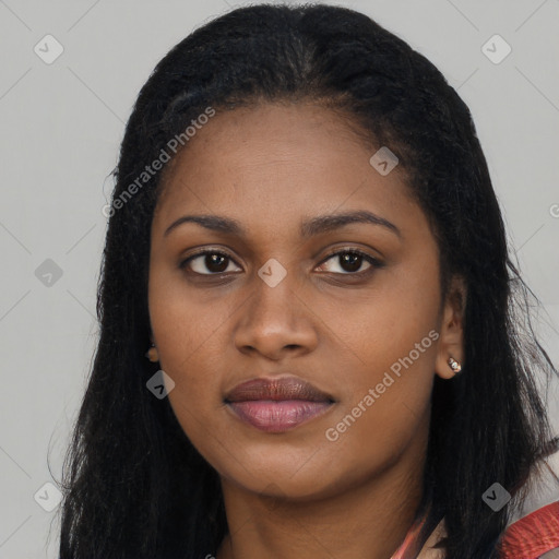 Joyful latino young-adult female with long  black hair and brown eyes