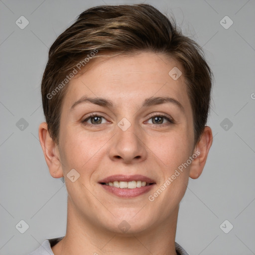 Joyful white young-adult female with short  brown hair and brown eyes