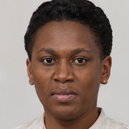 Neutral black young-adult female with short  brown hair and brown eyes