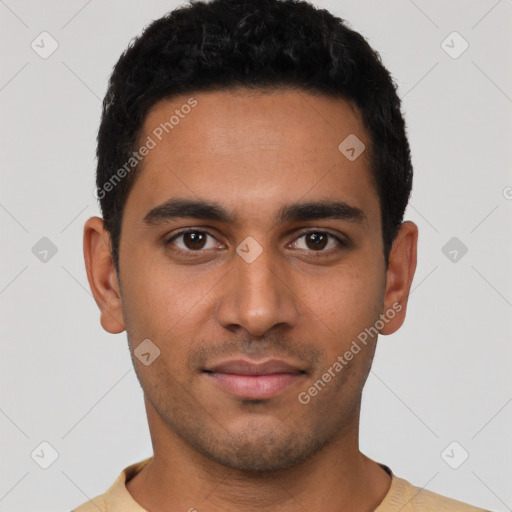 Neutral latino young-adult male with short  black hair and brown eyes