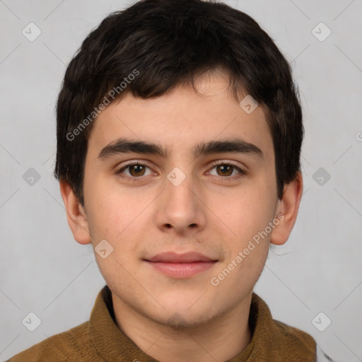 Neutral white young-adult male with short  brown hair and brown eyes