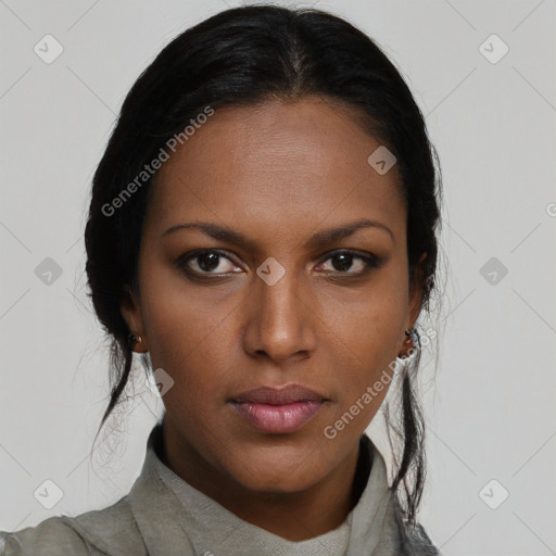 Neutral latino young-adult female with medium  black hair and brown eyes