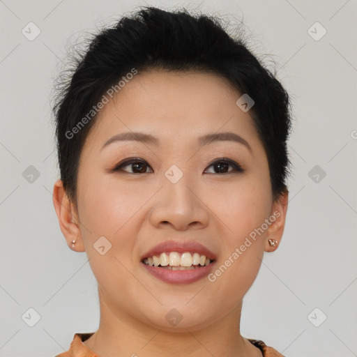 Joyful asian young-adult female with short  brown hair and brown eyes