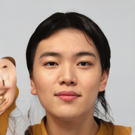 Neutral asian young-adult female with medium  black hair and brown eyes