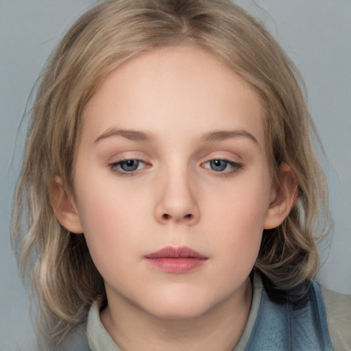 Neutral white child female with medium  brown hair and grey eyes