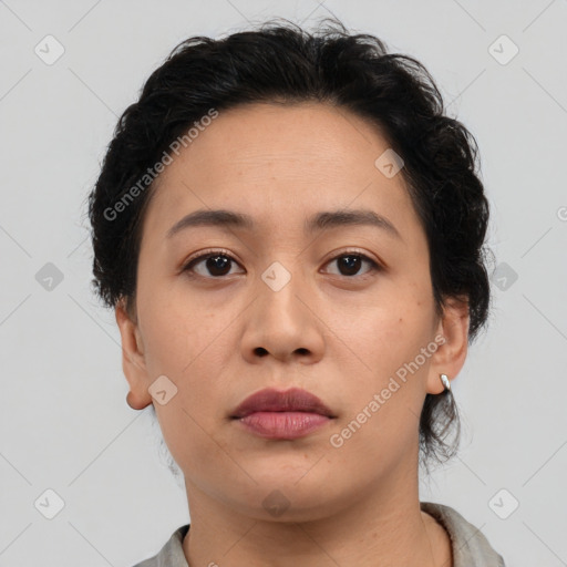 Neutral asian young-adult female with medium  brown hair and brown eyes