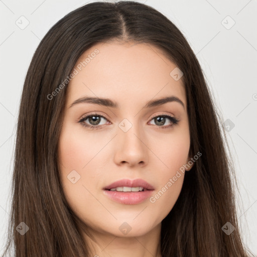 Neutral white young-adult female with long  brown hair and brown eyes