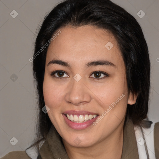 Joyful white young-adult female with medium  brown hair and brown eyes