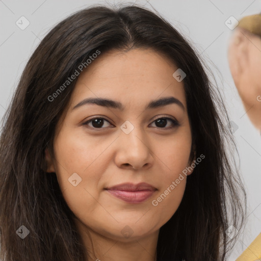 Joyful asian young-adult female with long  brown hair and brown eyes