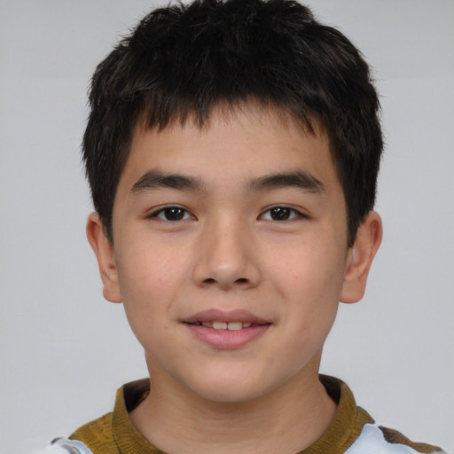 Joyful asian child male with short  brown hair and brown eyes