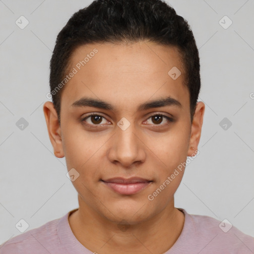 Neutral latino young-adult male with short  black hair and brown eyes