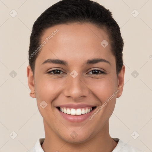 Joyful white young-adult female with short  brown hair and brown eyes