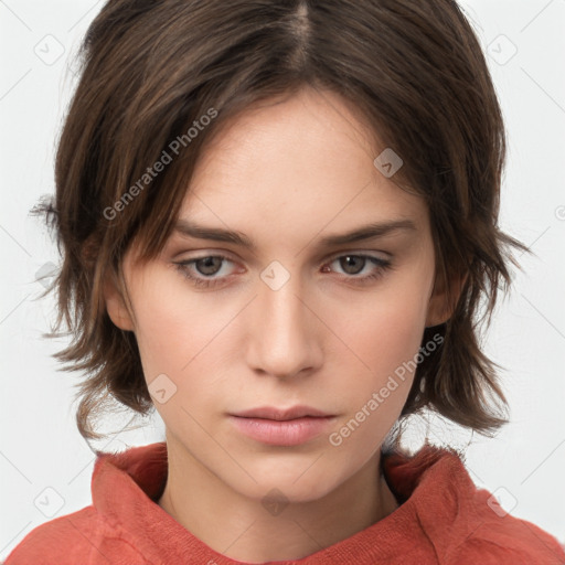 Neutral white young-adult female with medium  brown hair and brown eyes