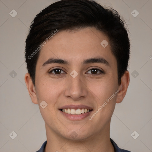 Joyful white young-adult male with short  brown hair and brown eyes