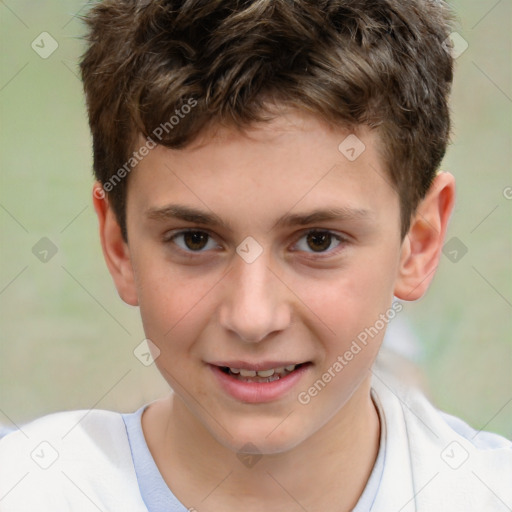 Joyful white child male with short  brown hair and brown eyes