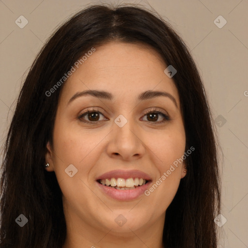 Joyful white young-adult female with long  brown hair and brown eyes