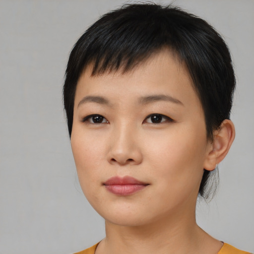 Neutral asian young-adult female with short  black hair and brown eyes
