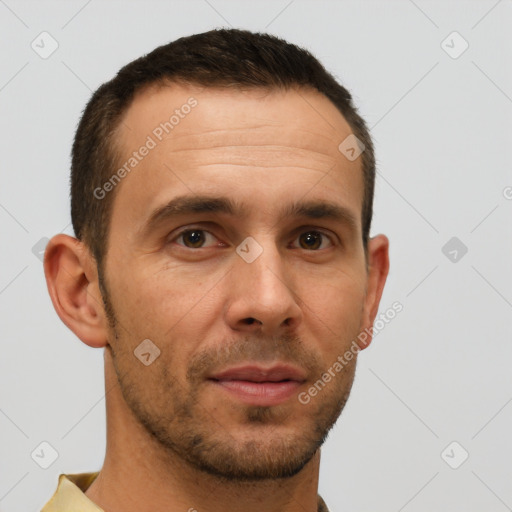 Joyful white young-adult male with short  brown hair and brown eyes