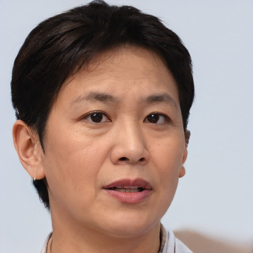 Joyful white adult female with short  brown hair and brown eyes