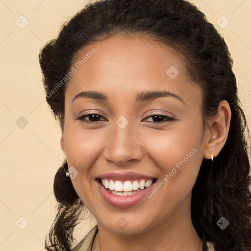 Joyful white young-adult female with long  brown hair and brown eyes