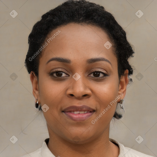 Joyful latino young-adult female with short  black hair and brown eyes