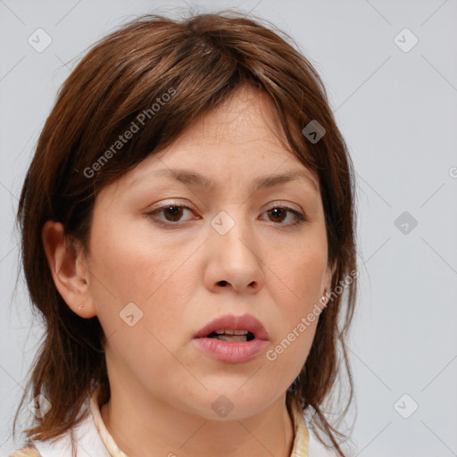 Neutral white young-adult female with medium  brown hair and brown eyes