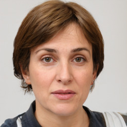 Joyful white adult female with medium  brown hair and grey eyes